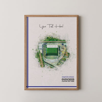 Chelsea, 'Stamford Bridge' Football Stadium Poster Artwork, Personalised Watercolour Art Print, Custom Aerial Layout - Framing options available ANY STADIUM Worldwide.