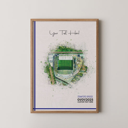 Chelsea, 'Stamford Bridge' Football Stadium Poster Artwork, Personalised Watercolour Art Print, Custom Aerial Layout - Framing options available ANY STADIUM Worldwide.