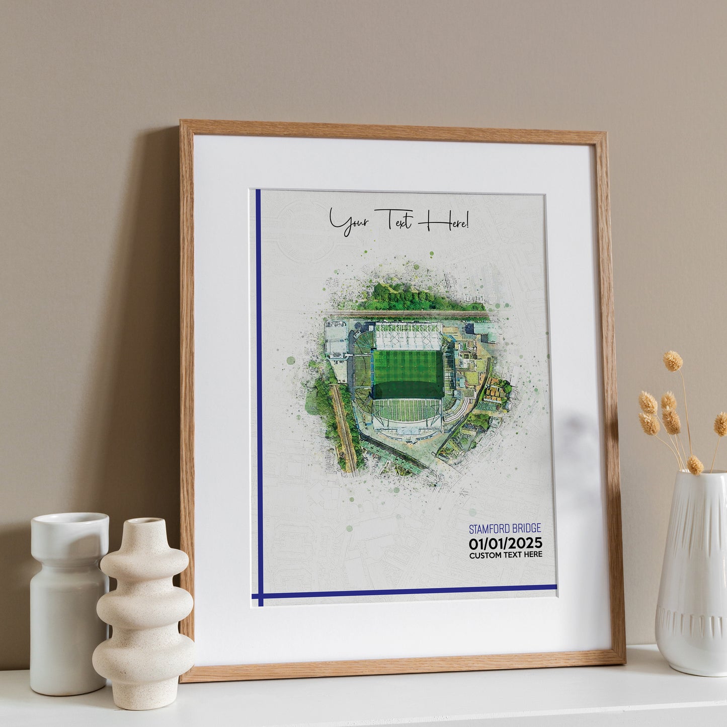 Chelsea, 'Stamford Bridge' Football Stadium Poster Artwork, Personalised Watercolour Art Print, Custom Aerial Layout - Framing options available ANY STADIUM Worldwide.