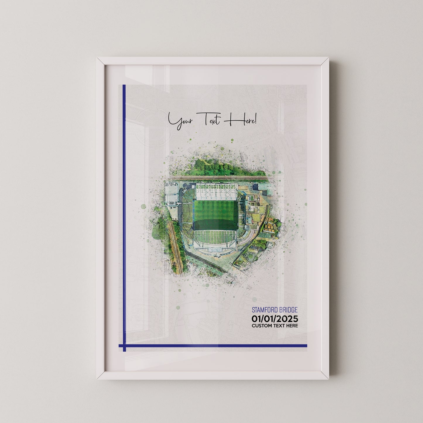 Chelsea, 'Stamford Bridge' Football Stadium Poster Artwork, Personalised Watercolour Art Print, Custom Aerial Layout - Framing options available ANY STADIUM Worldwide.