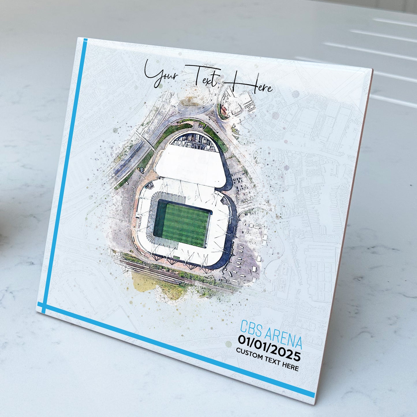 Personalised Football Stadium Aerial Watercolour Style Artwork on Mounted Ceramic Tile