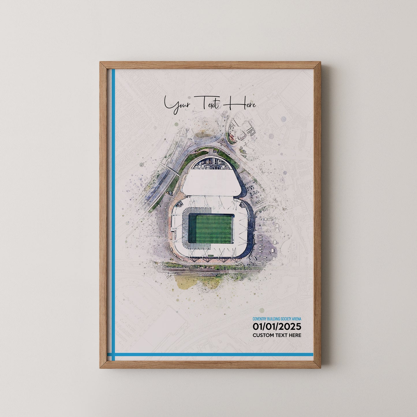 Coventry City, 'CBS Arena' Football Stadium Poster Artwork, Personalised Watercolour Art Print, Custom Aerial Layout - Framing options available ANY STADIUM Worldwide.