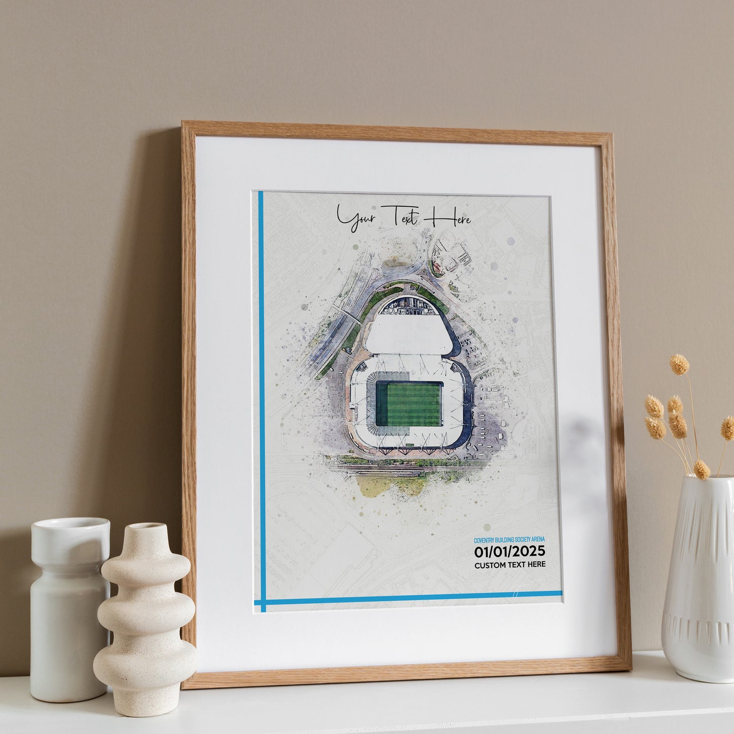 Coventry City, 'CBS Arena' Football Stadium Poster Artwork, Personalised Watercolour Art Print, Custom Aerial Layout - Framing options available ANY STADIUM Worldwide.