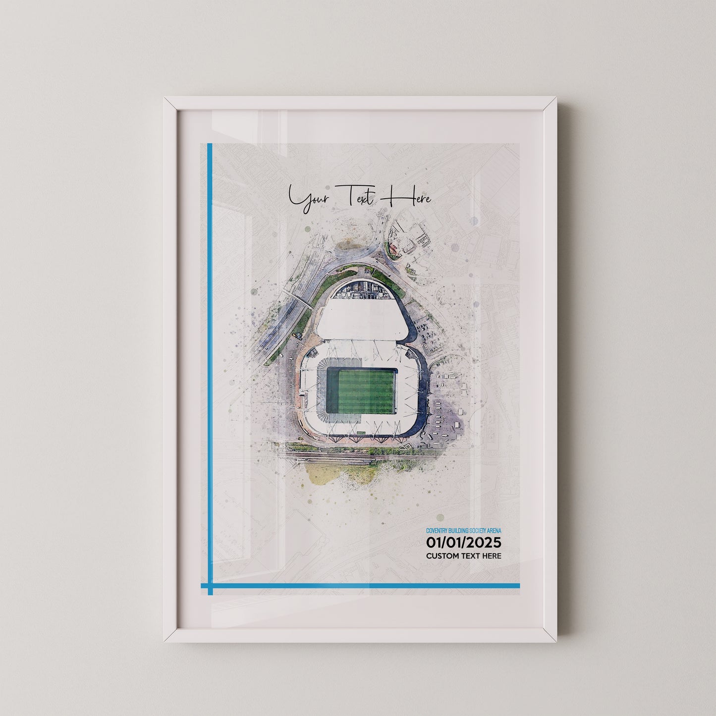 Coventry City, 'CBS Arena' Football Stadium Poster Artwork, Personalised Watercolour Art Print, Custom Aerial Layout - Framing options available ANY STADIUM Worldwide.