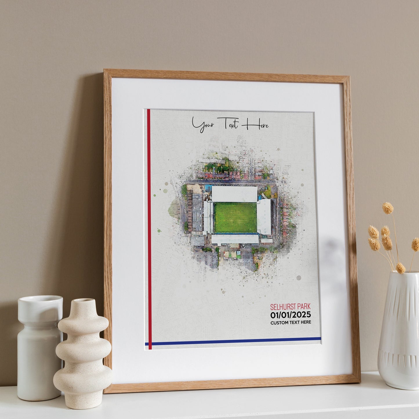 Crystal Palace, 'Selhurst Park' Football Stadium Poster Artwork, Personalised Watercolour Art Print, Custom Aerial Layout - Framing options available ANY STADIUM Worldwide.