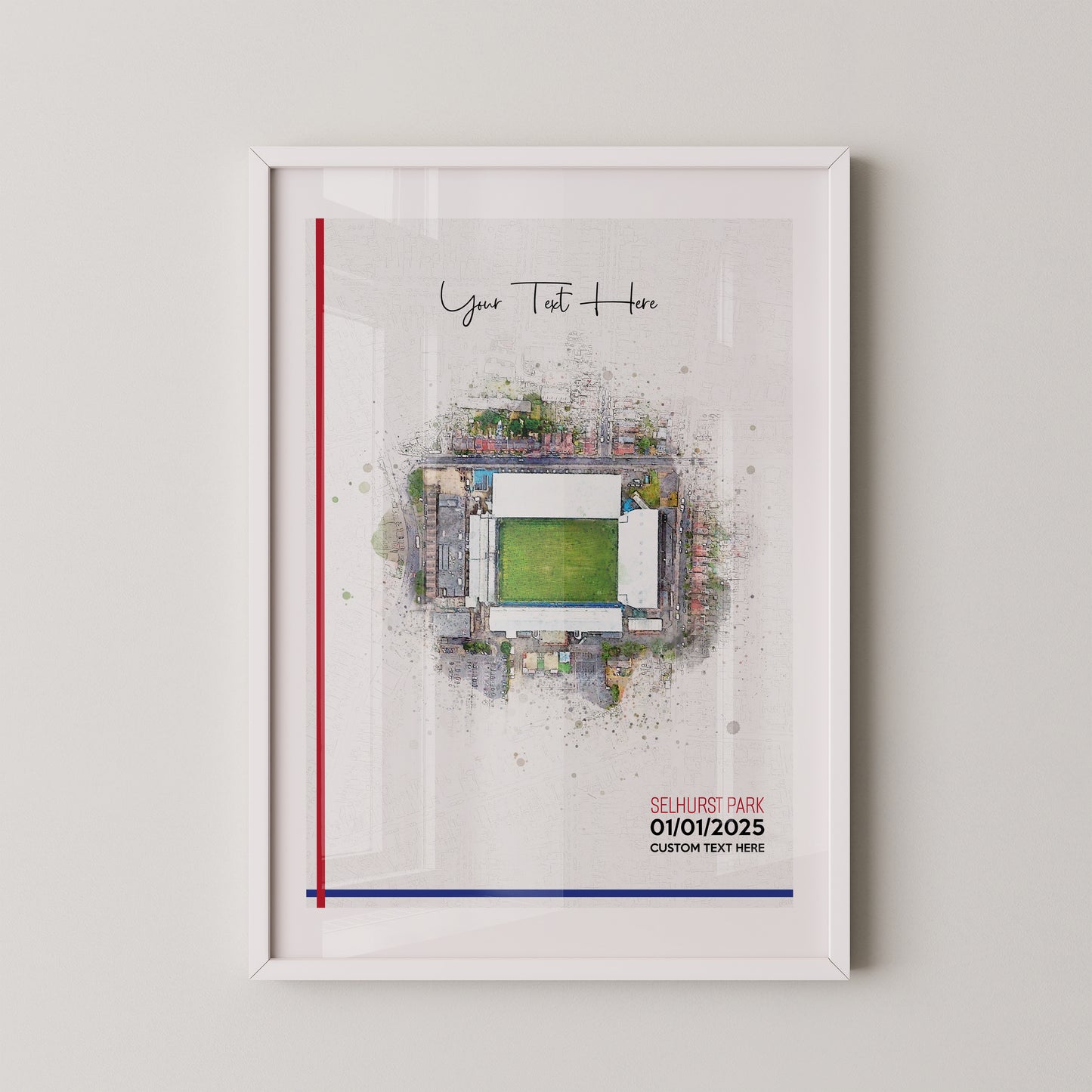 Crystal Palace, 'Selhurst Park' Football Stadium Poster Artwork, Personalised Watercolour Art Print, Custom Aerial Layout - Framing options available ANY STADIUM Worldwide.