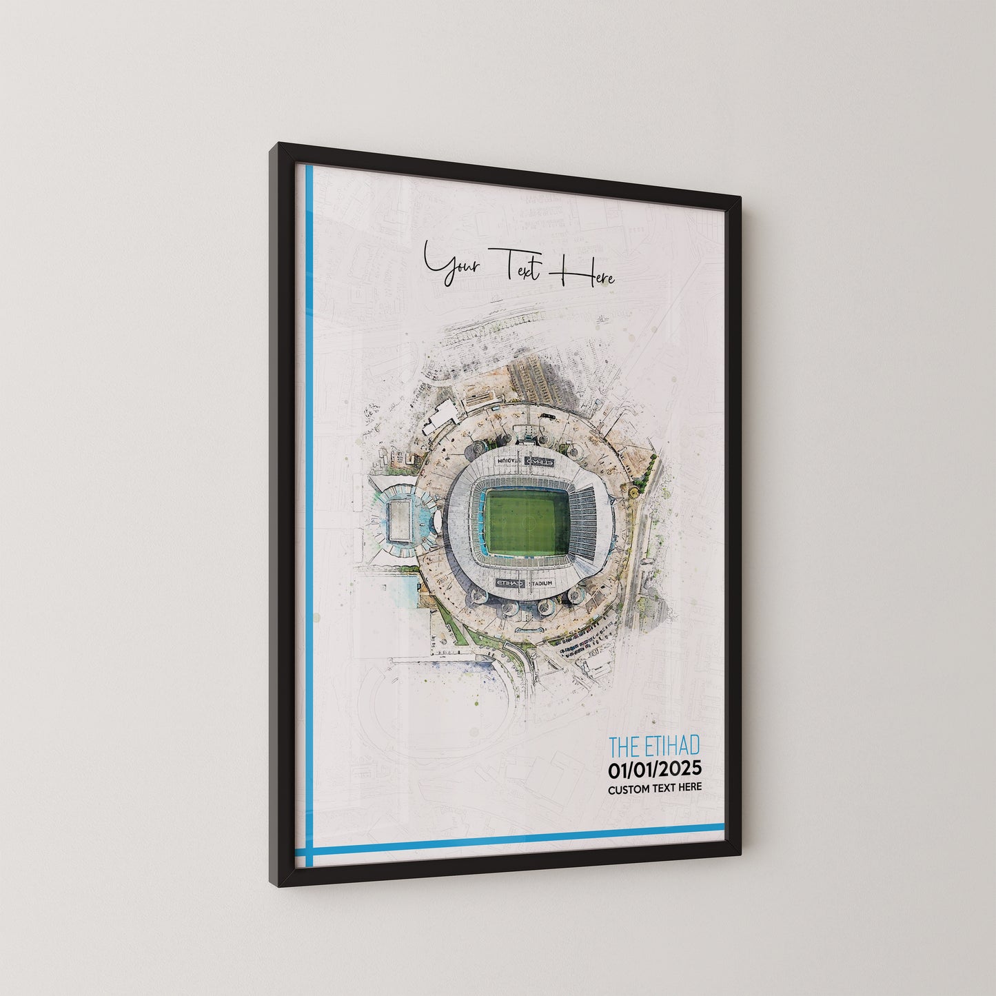 Manchester City, 'Etihad' Football Stadium Poster Artwork, Personalised Watercolour Art Print, Custom Aerial Layout - Framing options available ANY STADIUM Worldwide.