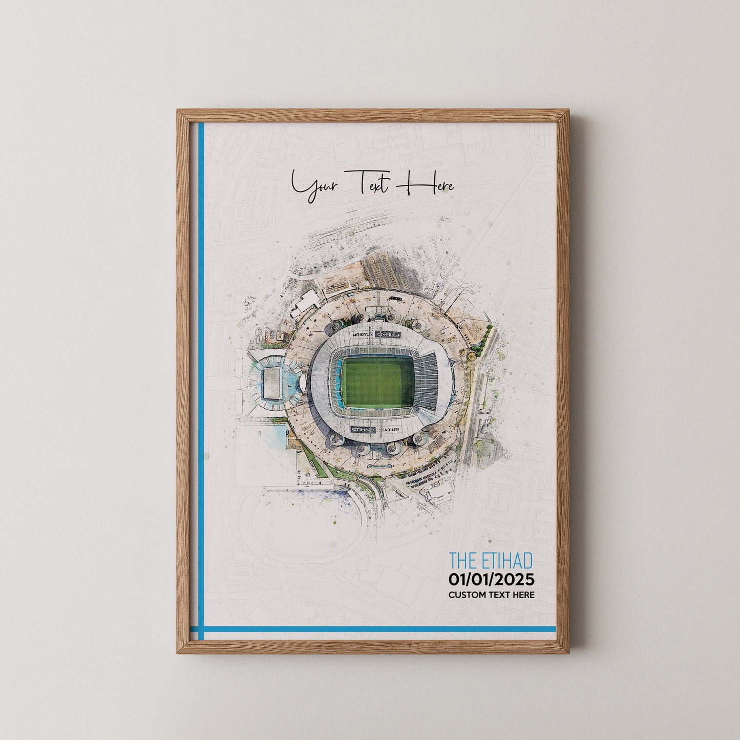 Manchester City, 'Etihad' Football Stadium Poster Artwork, Personalised Watercolour Art Print, Custom Aerial Layout - Framing options available ANY STADIUM Worldwide.