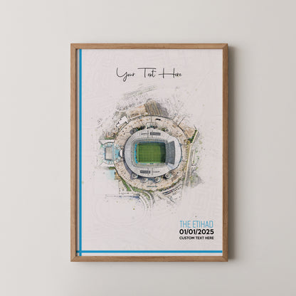 Manchester City, 'Etihad' Football Stadium Poster Artwork, Personalised Watercolour Art Print, Custom Aerial Layout - Framing options available ANY STADIUM Worldwide.