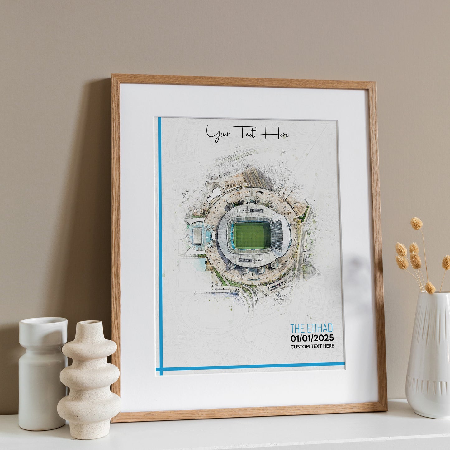 Manchester City, 'Etihad' Football Stadium Poster Artwork, Personalised Watercolour Art Print, Custom Aerial Layout - Framing options available ANY STADIUM Worldwide.