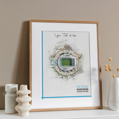 Manchester City, 'Etihad' Football Stadium Poster Artwork, Personalised Watercolour Art Print, Custom Aerial Layout - Framing options available ANY STADIUM Worldwide.