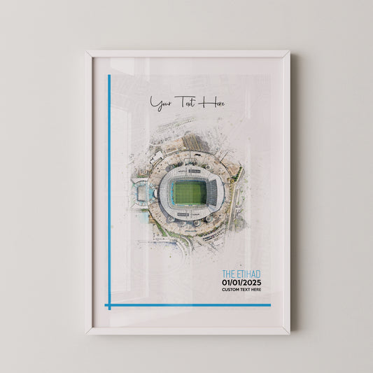 Manchester City, 'Etihad' Football Stadium Poster Artwork, Personalised Watercolour Art Print, Custom Aerial Layout - Framing options available ANY STADIUM Worldwide.