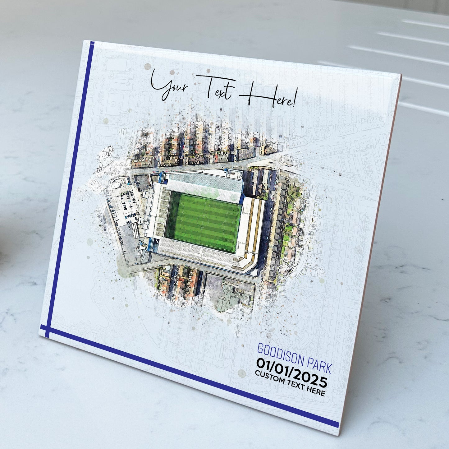 Personalised Football Stadium Aerial Watercolour Style Artwork on Mounted Ceramic Tile