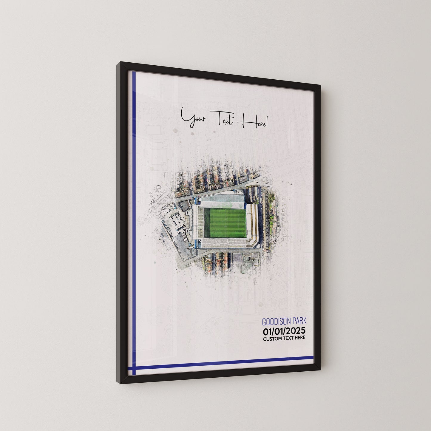 Everton, 'Goodison Park' Football Stadium Poster Artwork, Personalised Watercolour Art Print, Custom Aerial Layout - Framing options available ANY STADIUM Worldwide.