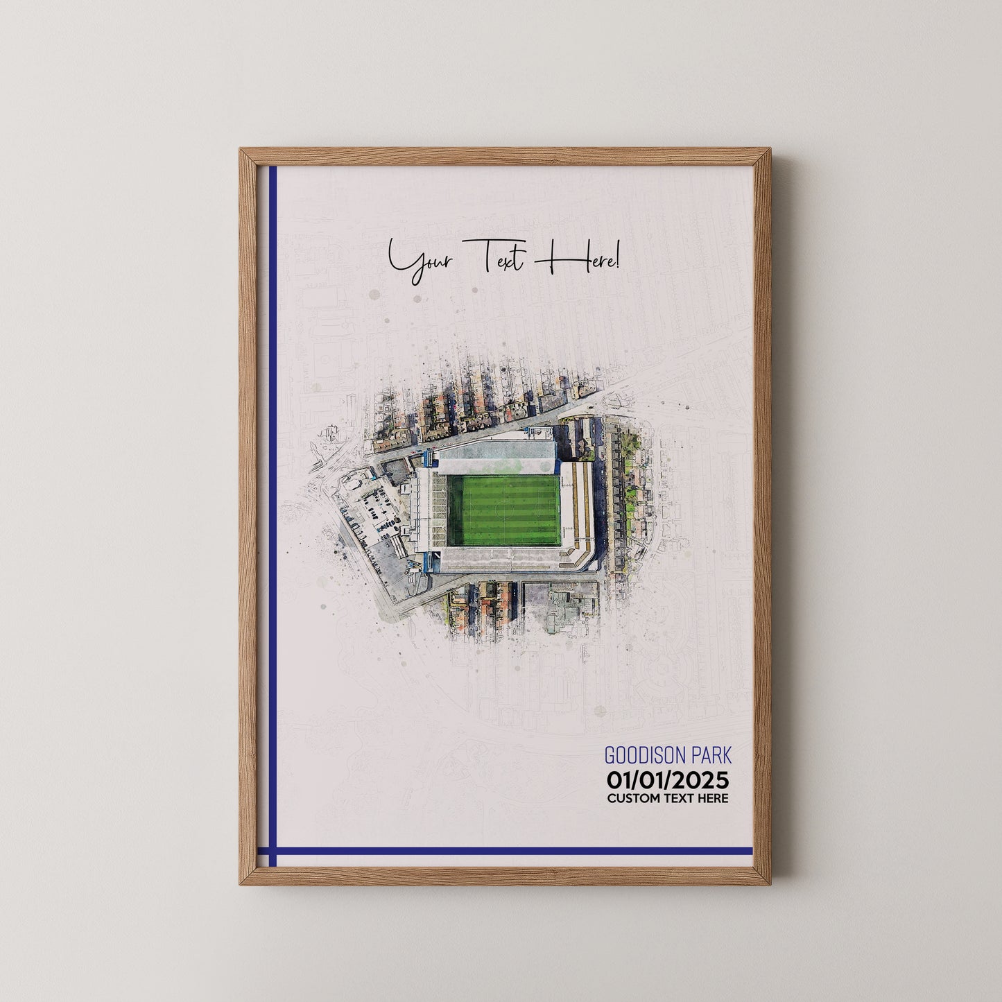 Everton, 'Goodison Park' Football Stadium Poster Artwork, Personalised Watercolour Art Print, Custom Aerial Layout - Framing options available ANY STADIUM Worldwide.
