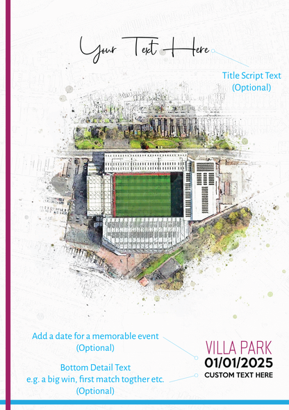 Bespoke Stadium Design Football Stadium Poster Artwork, Personalised Watercolour Art Print, Custom Aerial Layout - Framing options available ANY STADIUM Worldwide.