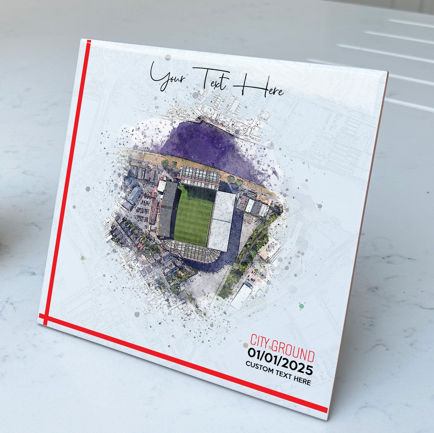 Personalised Football Stadium Aerial Watercolour Style Artwork on Mounted Ceramic Tile