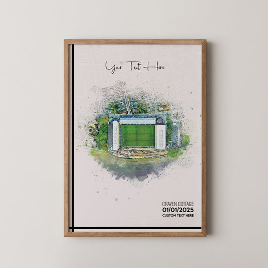 Fulham, 'Craven Cottage' Football Stadium Poster Artwork, Personalised Watercolour Art Print, Custom Aerial Layout - Framing options available ANY STADIUM Worldwide.