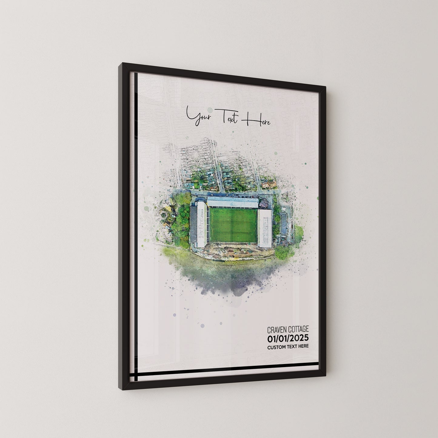 Fulham, 'Craven Cottage' Football Stadium Poster Artwork, Personalised Watercolour Art Print, Custom Aerial Layout - Framing options available ANY STADIUM Worldwide.