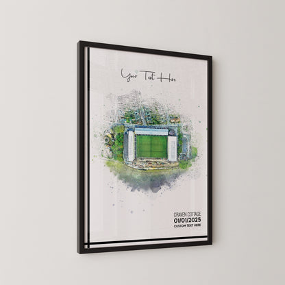 Fulham, 'Craven Cottage' Football Stadium Poster Artwork, Personalised Watercolour Art Print, Custom Aerial Layout - Framing options available ANY STADIUM Worldwide.