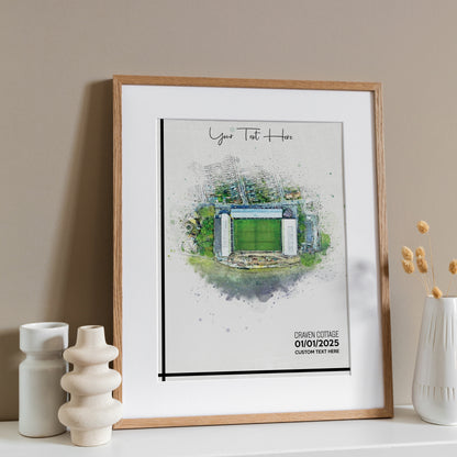 Fulham, 'Craven Cottage' Football Stadium Poster Artwork, Personalised Watercolour Art Print, Custom Aerial Layout - Framing options available ANY STADIUM Worldwide.