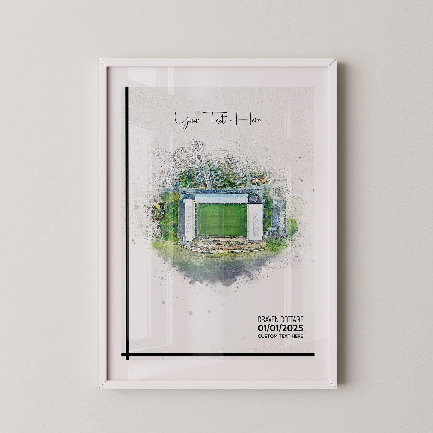 Fulham, 'Craven Cottage' Football Stadium Poster Artwork, Personalised Watercolour Art Print, Custom Aerial Layout - Framing options available ANY STADIUM Worldwide.