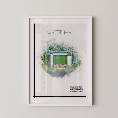 Fulham, 'Craven Cottage' Football Stadium Poster Artwork, Personalised Watercolour Art Print, Custom Aerial Layout - Framing options available ANY STADIUM Worldwide.