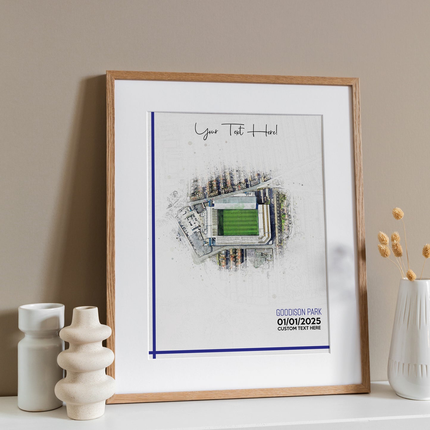 Everton, 'Goodison Park' Football Stadium Poster Artwork, Personalised Watercolour Art Print, Custom Aerial Layout - Framing options available ANY STADIUM Worldwide.