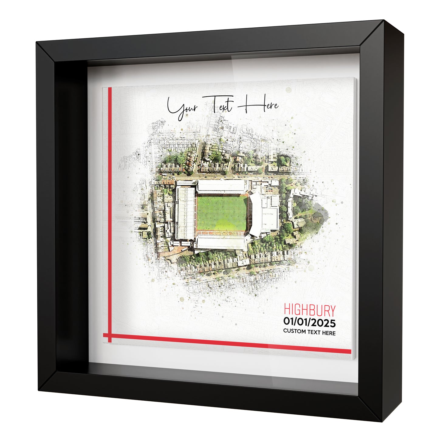 Framed Ceramic Tile Art: Personalised Football Stadium Art Print, Custom Aerial Map - ANY STADIUM Worldwide, Bespoke Text, Football Gift Keepsake