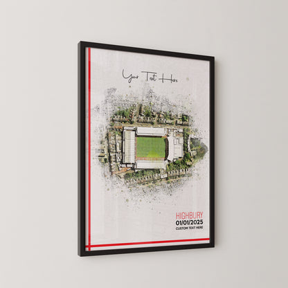 Arsenal, 'Highbury' Football Stadium Poster Artwork, Personalised Watercolour Art Print, Custom Aerial Layout - Framing options available ANY STADIUM Worldwide.