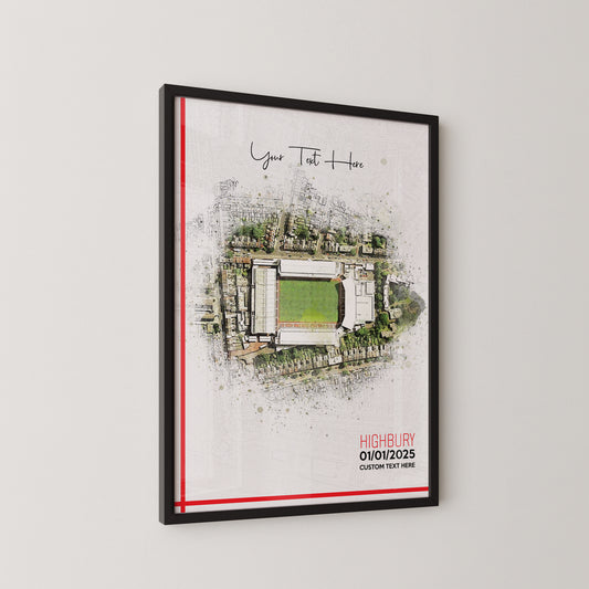 Arsenal, 'Highbury' Football Stadium Poster Artwork, Personalised Watercolour Art Print, Custom Aerial Layout - Framing options available ANY STADIUM Worldwide.