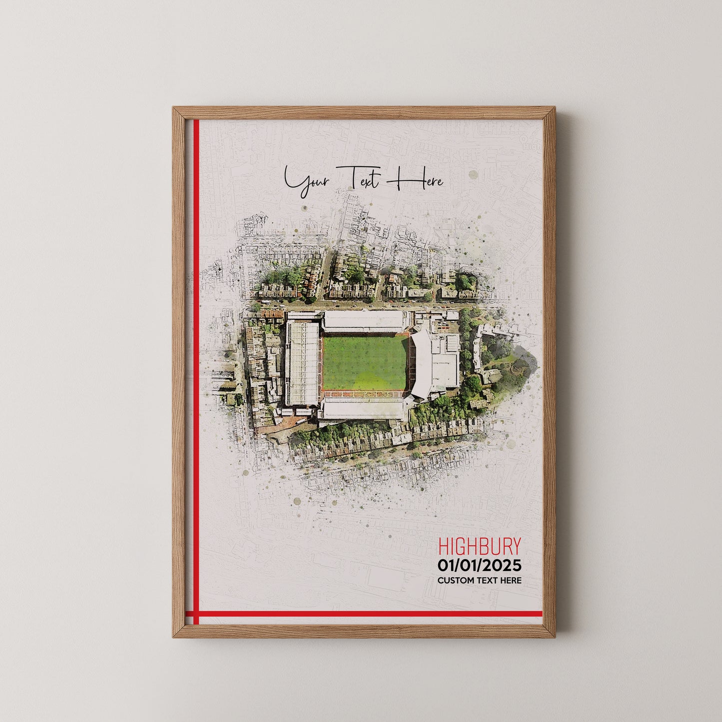 Arsenal, 'Highbury' Football Stadium Poster Artwork, Personalised Watercolour Art Print, Custom Aerial Layout - Framing options available ANY STADIUM Worldwide.