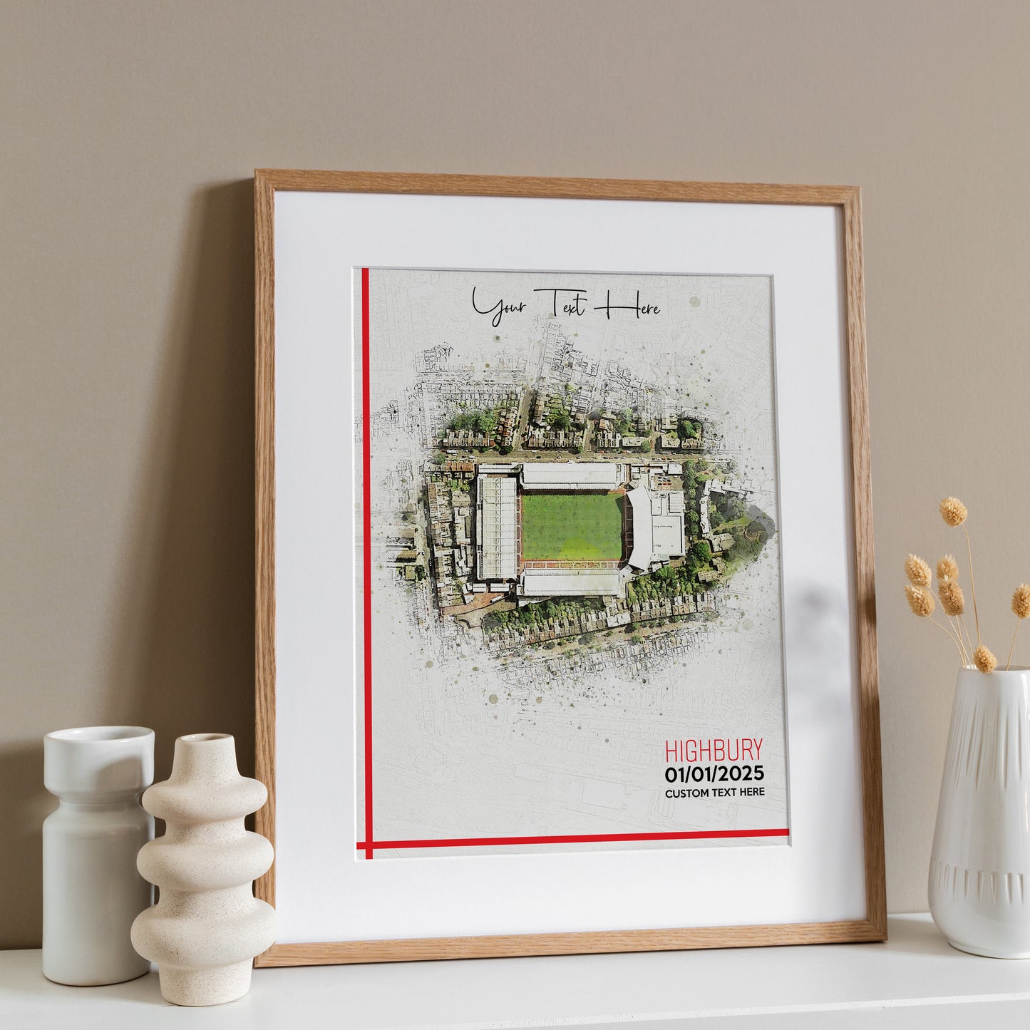 Arsenal, 'Highbury' Football Stadium Poster Artwork, Personalised Watercolour Art Print, Custom Aerial Layout - Framing options available ANY STADIUM Worldwide.