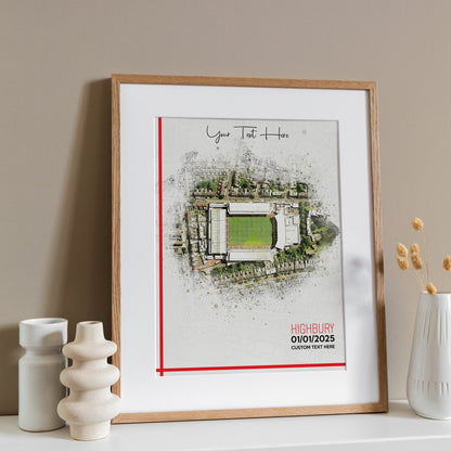 Arsenal, 'Highbury' Football Stadium Poster Artwork, Personalised Watercolour Art Print, Custom Aerial Layout - Framing options available ANY STADIUM Worldwide.