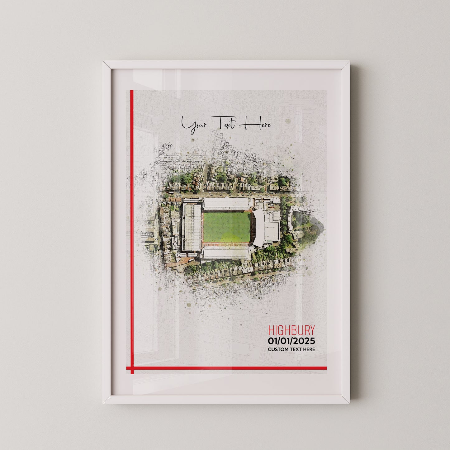 Arsenal, 'Highbury' Football Stadium Poster Artwork, Personalised Watercolour Art Print, Custom Aerial Layout - Framing options available ANY STADIUM Worldwide.