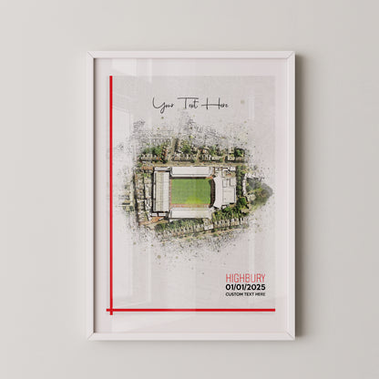Arsenal, 'Highbury' Football Stadium Poster Artwork, Personalised Watercolour Art Print, Custom Aerial Layout - Framing options available ANY STADIUM Worldwide.