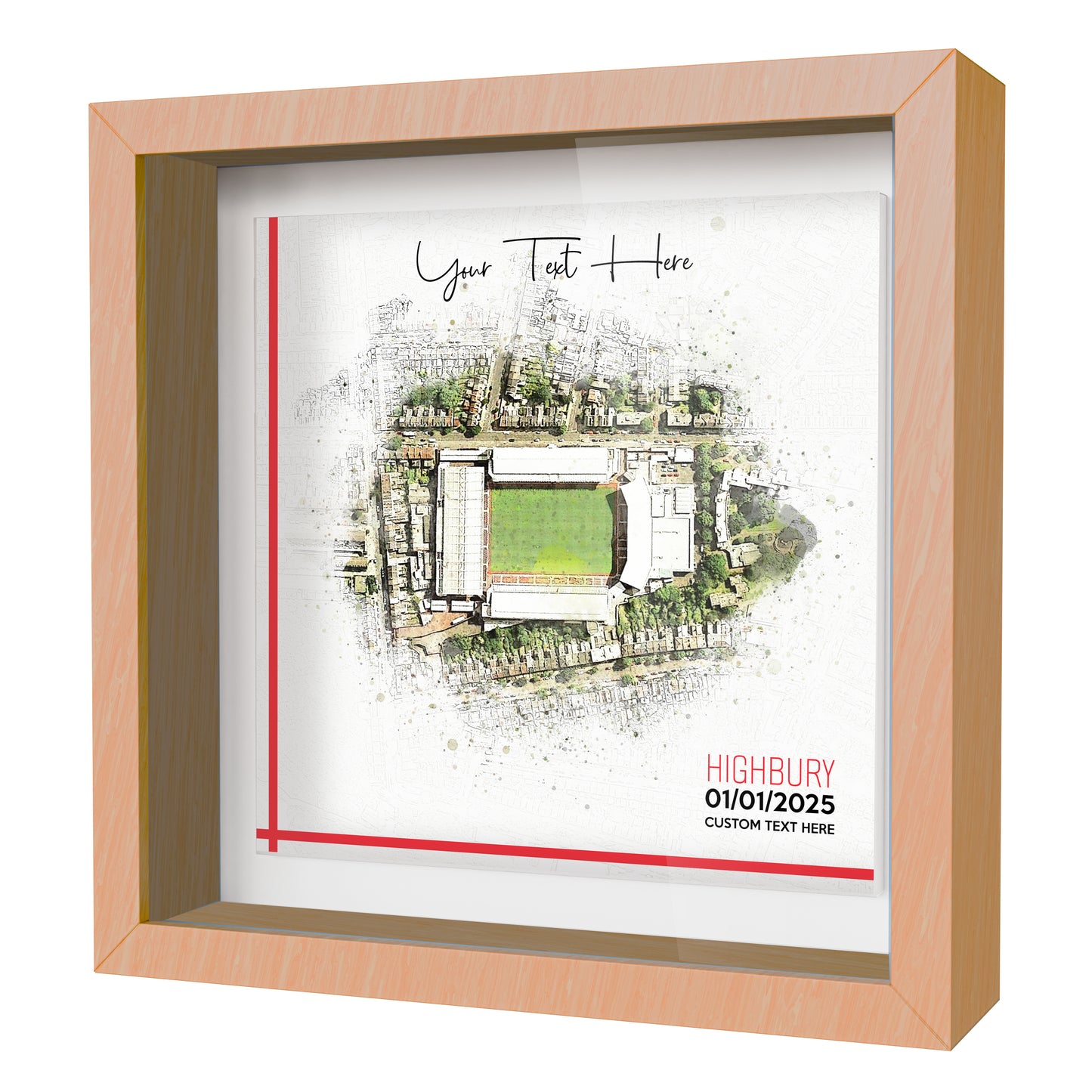 Framed Ceramic Tile Art: Personalised Football Stadium Art Print, Custom Aerial Map - ANY STADIUM Worldwide, Bespoke Text, Football Gift Keepsake