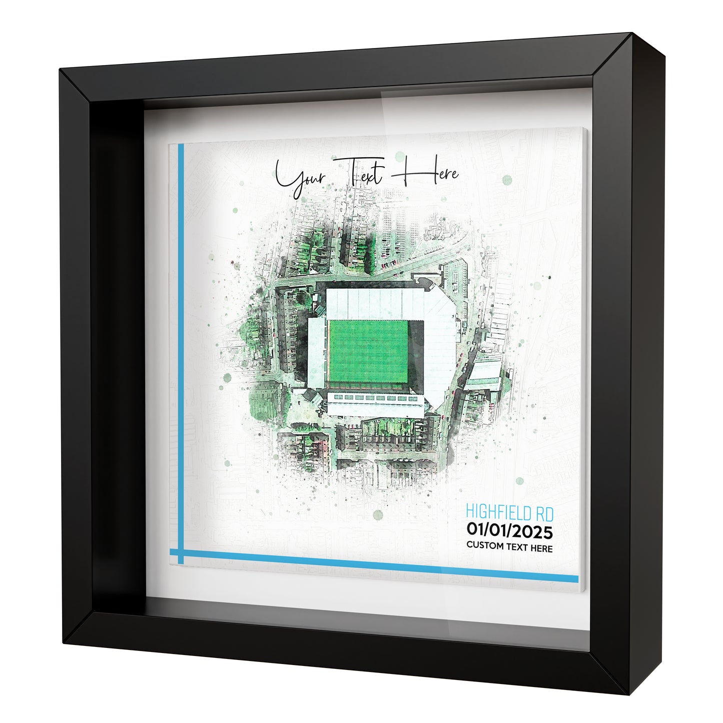 Framed Ceramic Tile Art: Personalised Football Stadium Art Print, Custom Aerial Map - ANY STADIUM Worldwide, Bespoke Text, Football Gift Keepsake