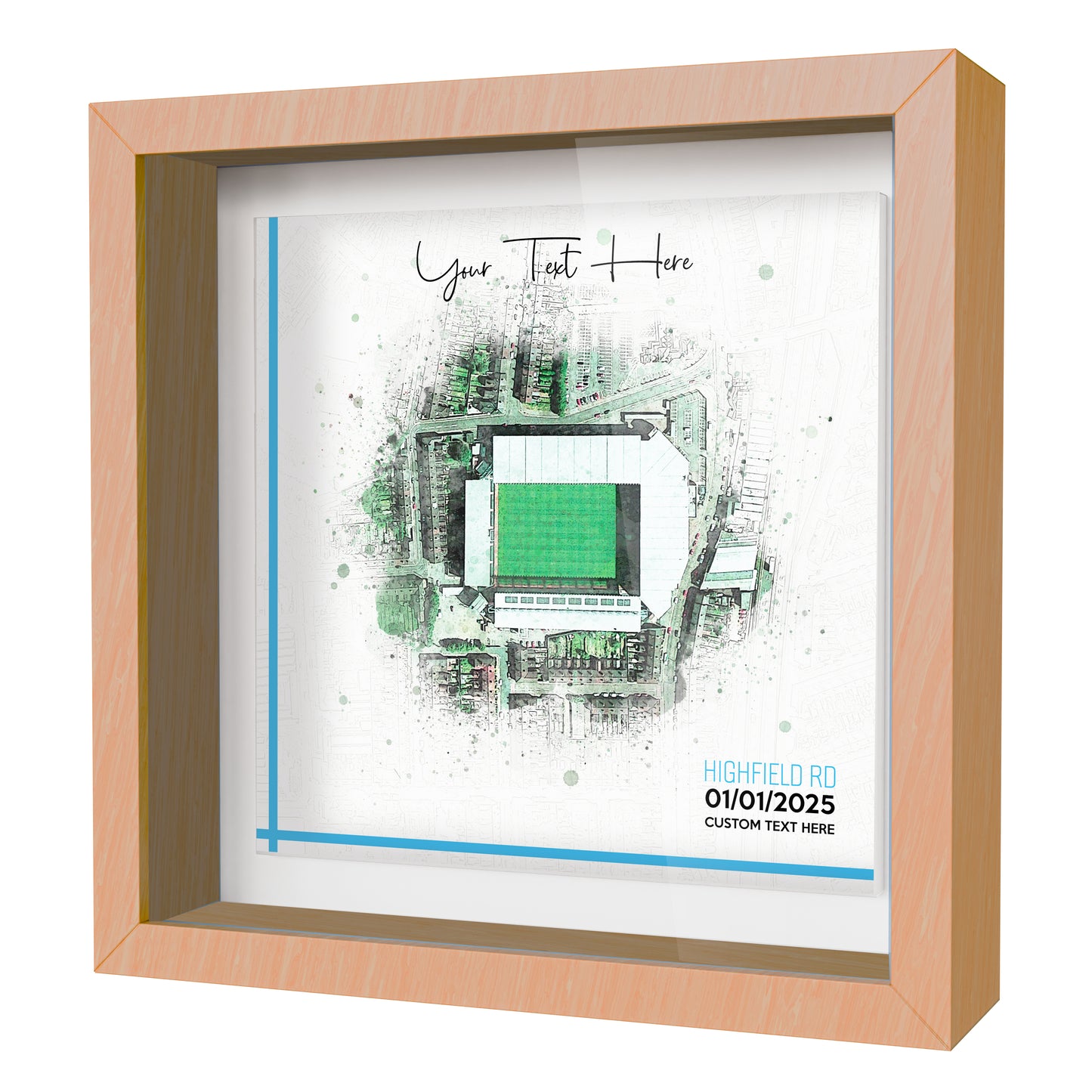 Framed Ceramic Tile Art: Personalised Football Stadium Art Print, Custom Aerial Map - ANY STADIUM Worldwide, Bespoke Text, Football Gift Keepsake