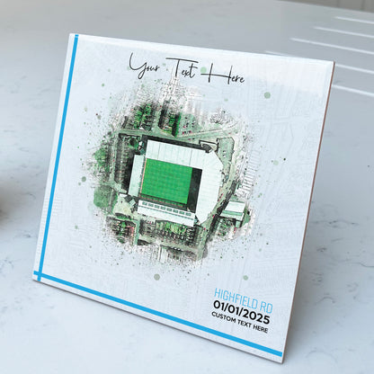 Personalised Football Stadium Aerial Watercolour Style Artwork on Mounted Ceramic Tile