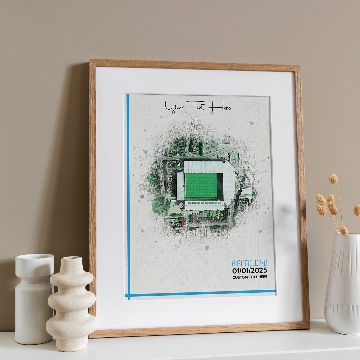 Coventry, 'Highfield Road' Football Stadium Poster Artwork, Personalised Watercolour Art Print, Custom Aerial Layout - Framing options available ANY STADIUM Worldwide.