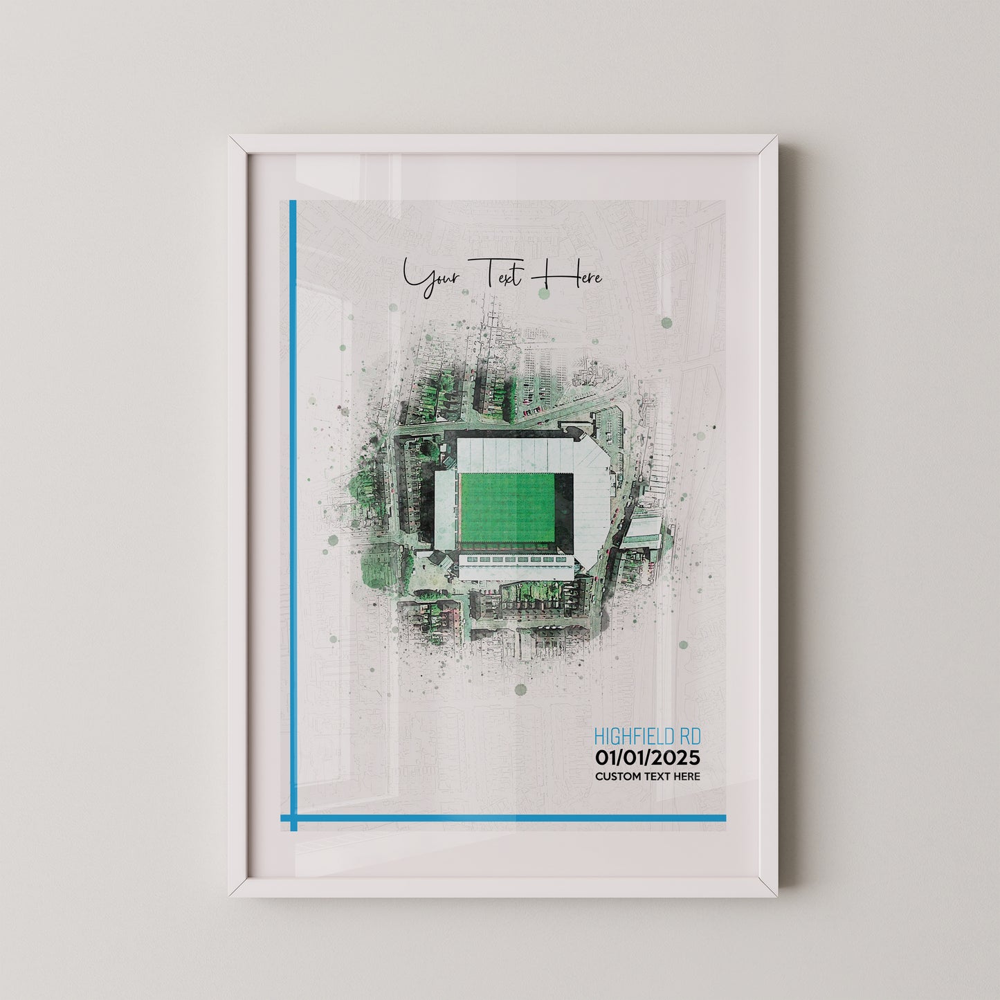 Coventry, 'Highfield Road' Football Stadium Poster Artwork, Personalised Watercolour Art Print, Custom Aerial Layout - Framing options available ANY STADIUM Worldwide.