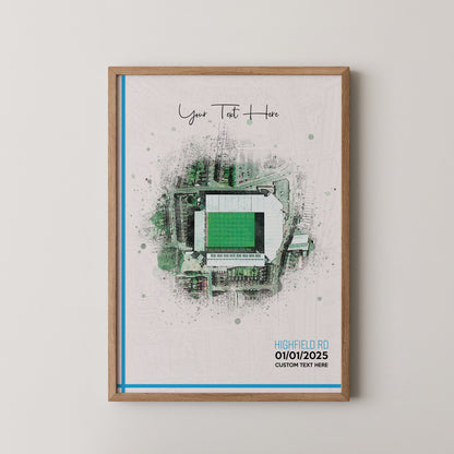 Coventry, 'Highfield Road' Football Stadium Poster Artwork, Personalised Watercolour Art Print, Custom Aerial Layout - Framing options available ANY STADIUM Worldwide.