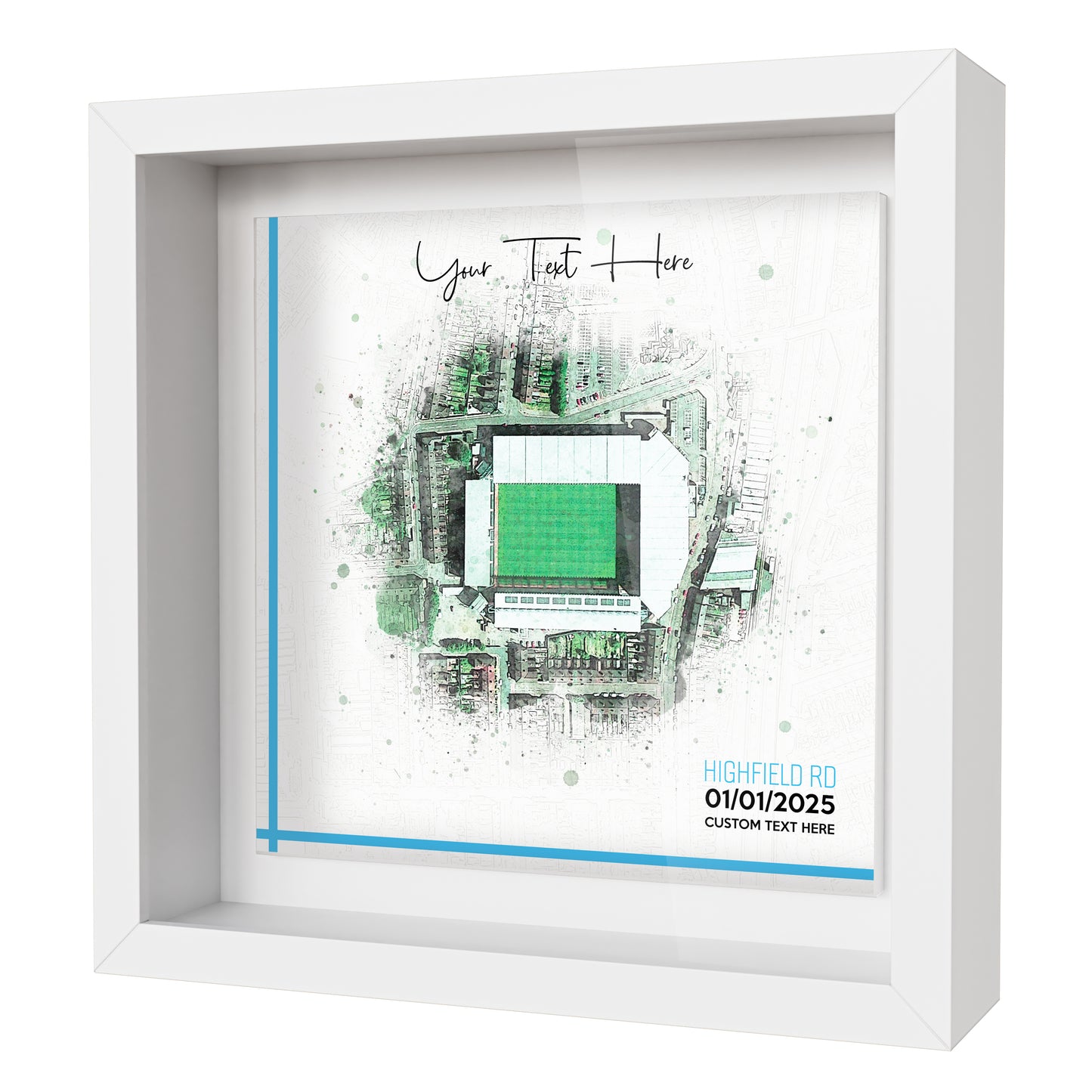 Framed Ceramic Tile Art: Personalised Football Stadium Art Print, Custom Aerial Map - ANY STADIUM Worldwide, Bespoke Text, Football Gift Keepsake