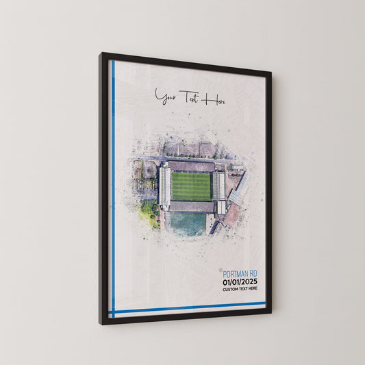 Ipswich, 'Portman Road' Football Stadium Poster Artwork, Personalised Watercolour Art Print, Custom Aerial Layout - Framing options available ANY STADIUM Worldwide.