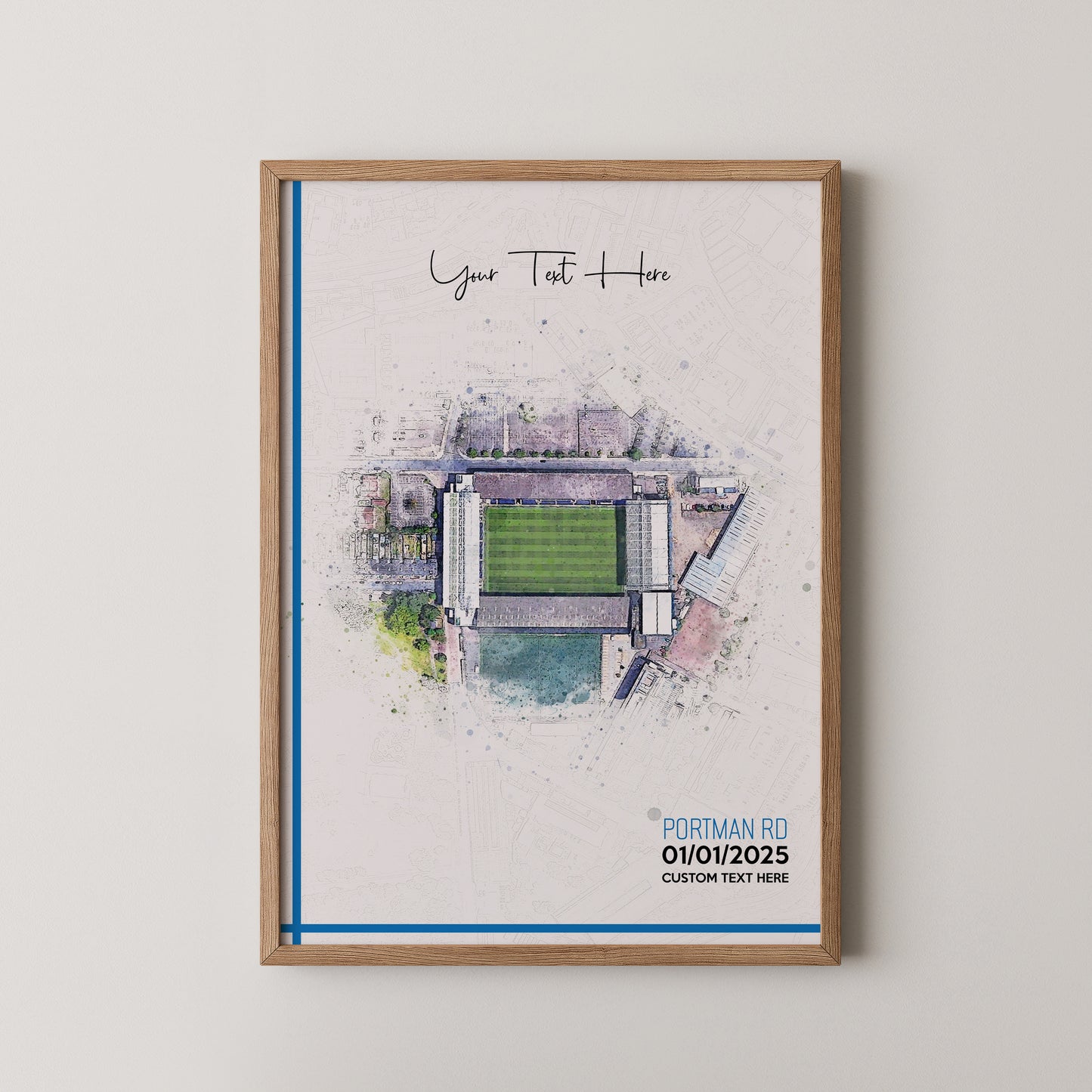 Ipswich, 'Portman Road' Football Stadium Poster Artwork, Personalised Watercolour Art Print, Custom Aerial Layout - Framing options available ANY STADIUM Worldwide.