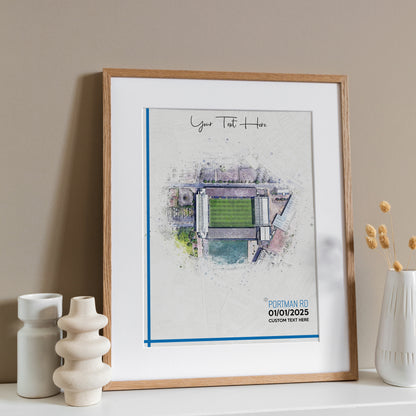 Ipswich, 'Portman Road' Football Stadium Poster Artwork, Personalised Watercolour Art Print, Custom Aerial Layout - Framing options available ANY STADIUM Worldwide.