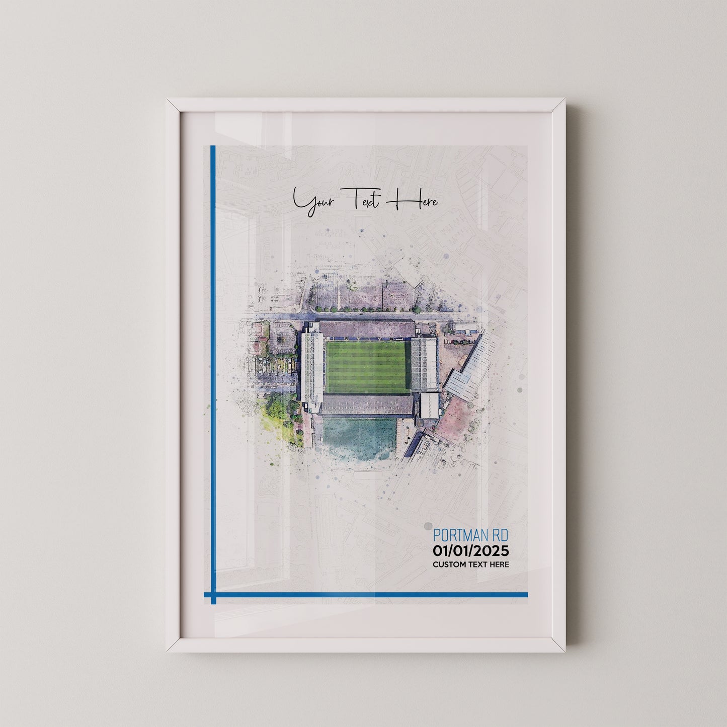 Ipswich, 'Portman Road' Football Stadium Poster Artwork, Personalised Watercolour Art Print, Custom Aerial Layout - Framing options available ANY STADIUM Worldwide.
