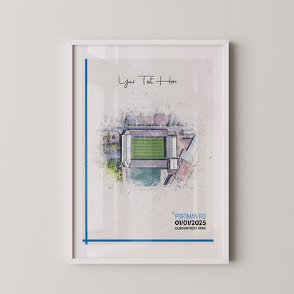 Ipswich, 'Portman Road' Football Stadium Poster Artwork, Personalised Watercolour Art Print, Custom Aerial Layout - Framing options available ANY STADIUM Worldwide.