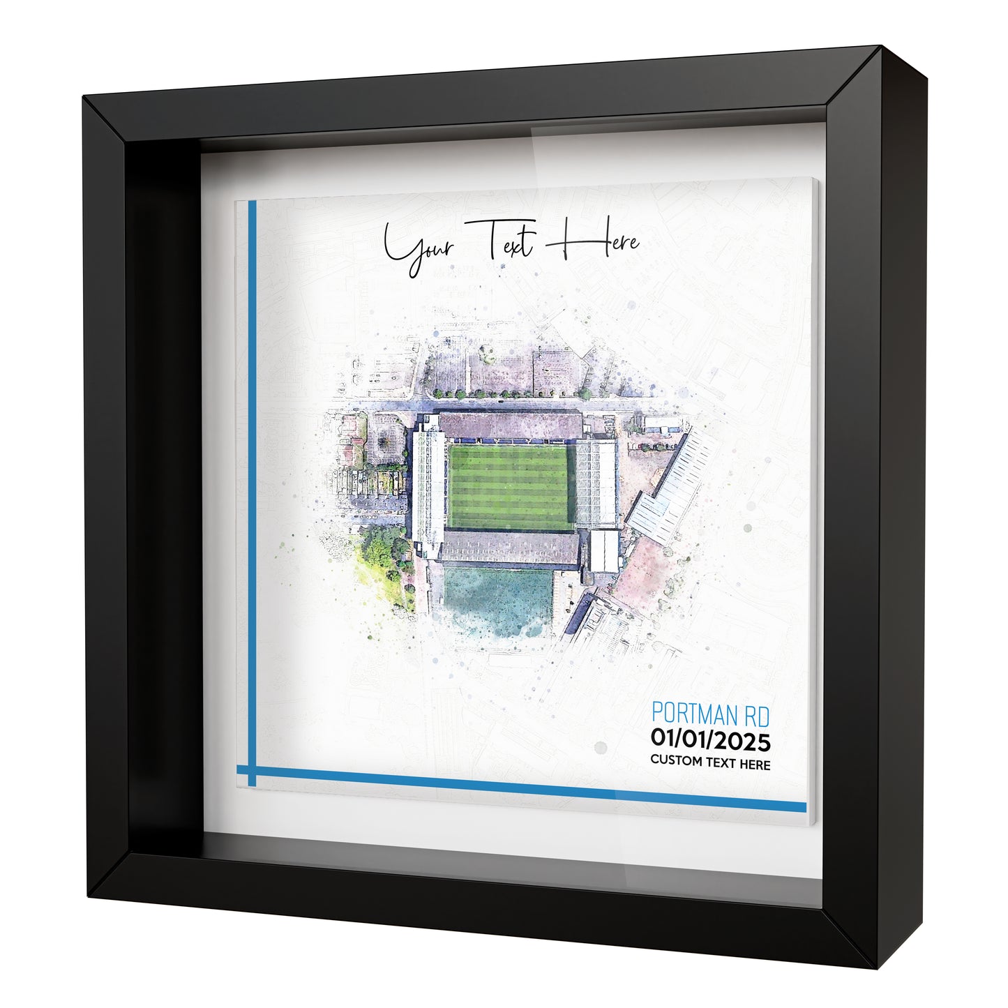 Framed Ceramic Tile Art: Personalised Football Stadium Art Print, Custom Aerial Map - ANY STADIUM Worldwide, Bespoke Text, Football Gift Keepsake